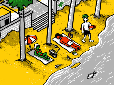 Poster Crop - Beach art beach drawing fish illustration isometric people towel tree