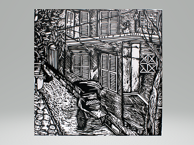 Old Calcutta Lane (b/w) architecture calcutta colonial old print printmaking rickshaw street woodcut