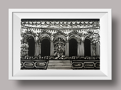 Durga Puja architecture bengali black and white calcutta colonial durga puja india linocut print printmaking