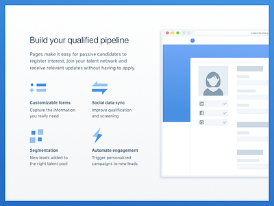 Beamery Pages site feature browser icons mockup profile recruitment vector web design website design