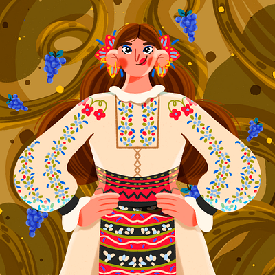 Beautiful Moldavian girl 2d character design commercial culture cute art design grapes graphic design illustration illustration art moldavian moldova national costume procreate senior illustrator vector