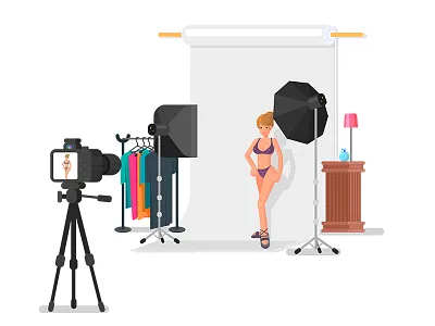 Model Shoot babe camera flat geometrical illustration model photo studio photoshoot vector