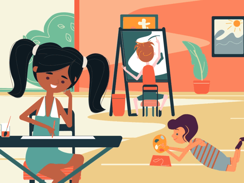 little artists 2d artist brushes chair children easel house illustration paper pencil pictures table