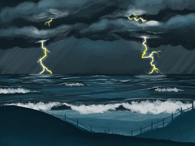 Ocean Storm Scene beach clouds hurricane illustration lightning ocean storm thunder waves weather