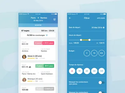 Car pooling app app cards filters gradients serp service ui