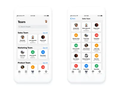 Team and Team Details screen iOS design avatar card ios ios 11 iphone mobile people team user
