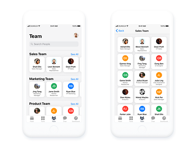 Team and Team Details screen iOS design avatar card ios ios 11 iphone mobile people team user