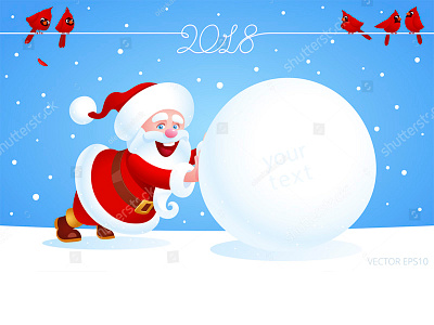 Santa Claus pushes a huge snowball 2018 banner card cardinal christmas claus new year push red bird santa snowball winter