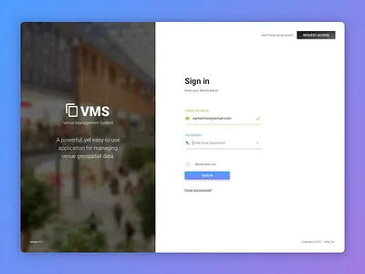 VMS sign in screen account blur forms gradients interaction mapping material design sign in web