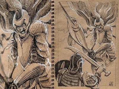 Inktobe day 6. Sword battle editorial engraving etching graphic hatching illustration ink inktober knight swordfish woodcut