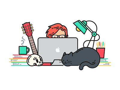 Workspace illustration cat colorful drawing freelancer graphic design illustration self portrait skull vector workspace