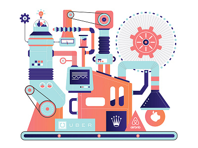 "Brand Machine" Illustration 2d illustration airbnb apple article branding colors editorial design illustration rolex uber vector