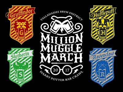 Harry Potter Bar Crawl beer bolt glasses gryffindor harry potter hufflepuff illustration logo owl ravenclaw slytherin wand