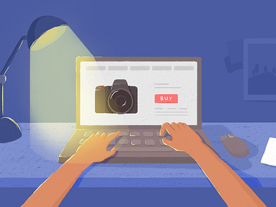 Online Shopping camera computer desk hands illustration lamp laptop online