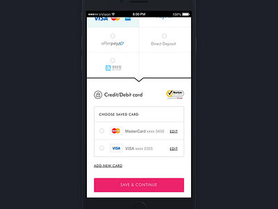 Saved Credit Card option on Mobile credit card mobile check out payment secure payment