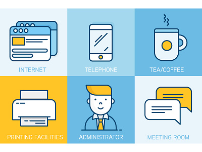 Icons ( co-working ) administrator co working coffee icons internet meeting outline printer room tea telephone vector