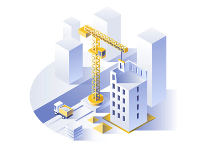 Construction of residential houses. buildings colors construction crane creative dmit house isometric vector