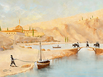 Mediterranean Bay Paulius Uza arid bay boat donkey dry fisherman mediterranean monastery painting seaside thyme water