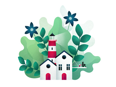 Sittin' on the dock of the bay ball flowers girl house illustration leaves lighthouse