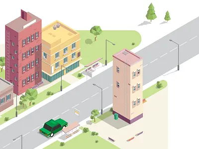 Bright street of the city auto color houses gray road houses illustration isometrics road roadway stop traffic rules trees