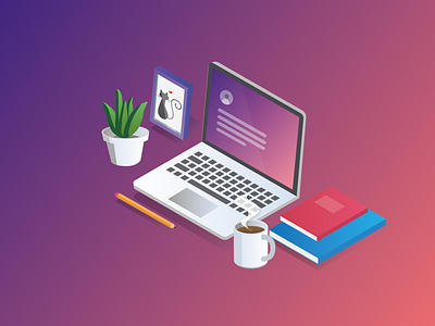 Isometric Illustration 2 blue colours cool desk illustration isometric laptop pink plant purple ui vector website