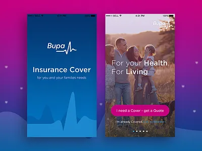 Bupa Insurance blue clean design flat gradient ios iphone login mobile pink splash screen