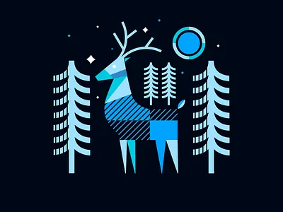 Deer blue dark deer flat moon night pattern star tree