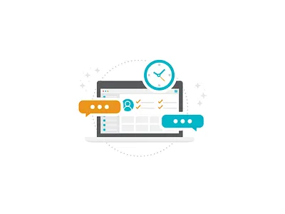 Illustrations in the works clock communication computer icon illustration quick tech user profile