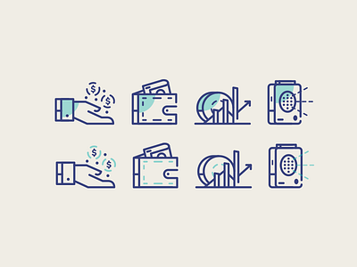 Fintech Startup Icons announcement brand chart dolar euro fintech hand icon illustration money wallet