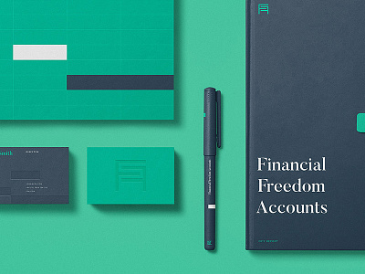 FFA Identity - Collateral blue branding brochure business card flatlay green pen print