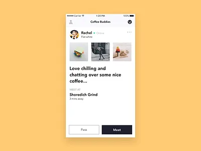 Coffee Buddies iOS app app coffee design flat ios meetups mvp social swipe ui ux yellow
