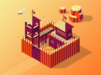 Fort Iso bones building desert fort isometric orange purple rock shadow thierry fousse western wood