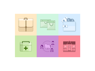 Set of icons colorful flat health house icons illustration set share shopping wallet work