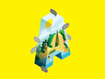 A isometric lettering paradise island sea social media sun type