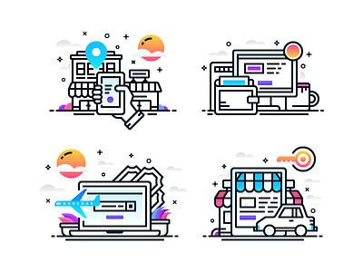 Gradient Illos 1 booking car e commerce hotel icons illustration laptop oboarding payment rent store