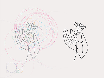 Hand and Rose. Illustration construction circles golden grid hand illustration line logo proportion ratio rose rule tattoo