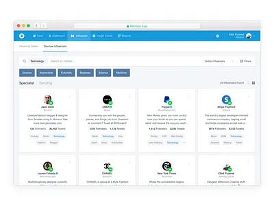 Discover Influencers 👔 cards crm influencers interface list product search table tags topics ui ux