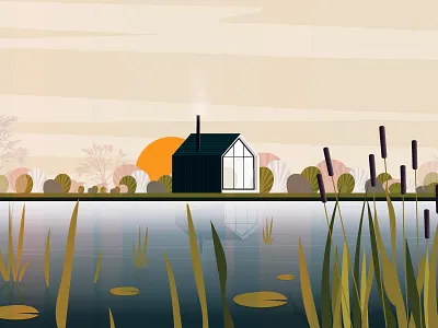 Home! 2d bright digital graphic home house illustration illustrations lake light plants reflection vector video water web