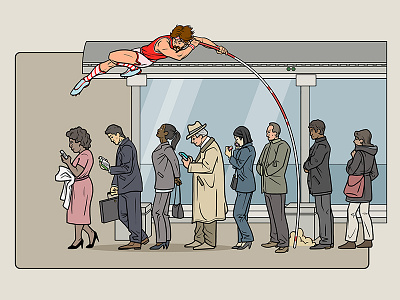 Train Etiquette Posters - The Line Jumper airplane safety athlete comic commute etiquette high jump olympics rush hour subway track and field train transit