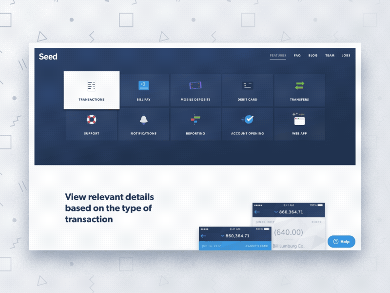 Seed Features business banking features finance marketing site nav responsive