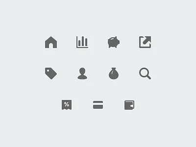 Personal Finance App Icons bag chart credit card external link home icons magnifier piggy bank tag tax user wallet