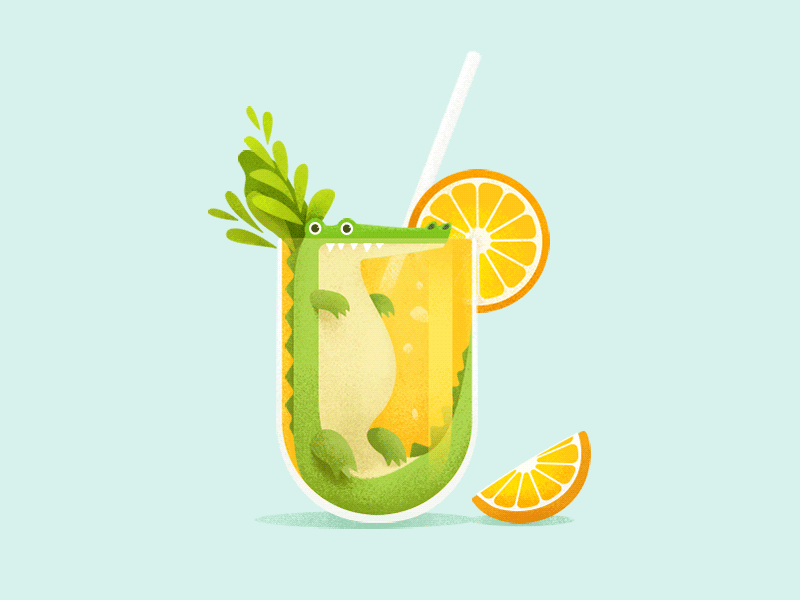 Crocodile illustration animation crocodile drink gif illustration juice leaf orange texture vector