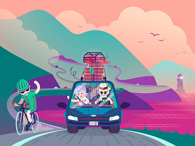 Maritime Road Trip bicycle car cartoon coastline digital illustration lighthouse luggage maritimes ocean road trip senior citizens east coast