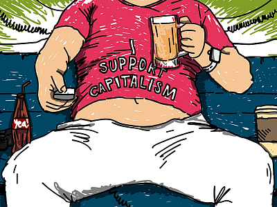 I Support Capitalism Illustration beer body cafe cartoon cartoon art coffee coke couch illustration man person pink remote tshirt