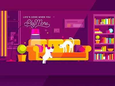 Pet Game cat colorful dog fun game illustration light play room shadow sofa window
