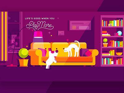 Pet Game cat colorful dog fun game illustration light play room shadow sofa window