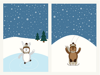 Winter Scenes 02 animals bear bunny illustration rabbit skating sledding winter