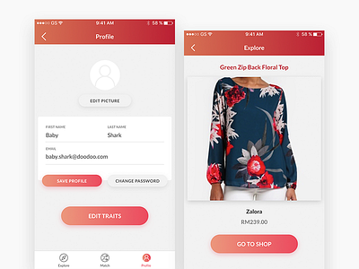 Profile + Explore app clean commerce edit explore fashion form gradient mobile profile shadow ui