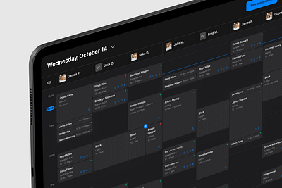 Barbershop POS app for booking and payments barber barbershop booking calendar dark theme ios ipad ui