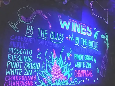 Wines menu sign bar sign bistro blacklight chalk art chalk sign fluorescent lettering menu design menu sign neon wine